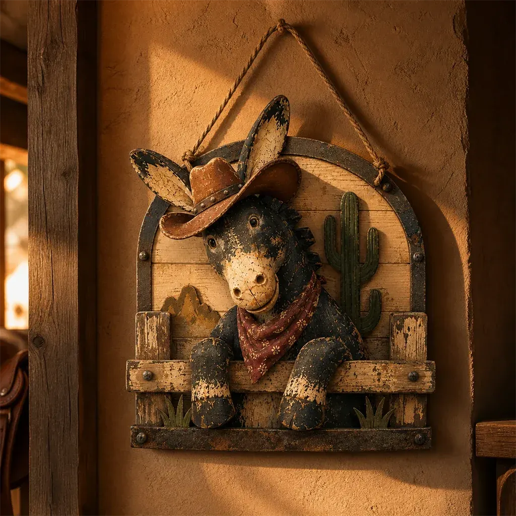 Rustic cowboy donkey wall hanging displayed in a warm western interior Rustic cowboy donkey wall hanging displayed in a warm western interior