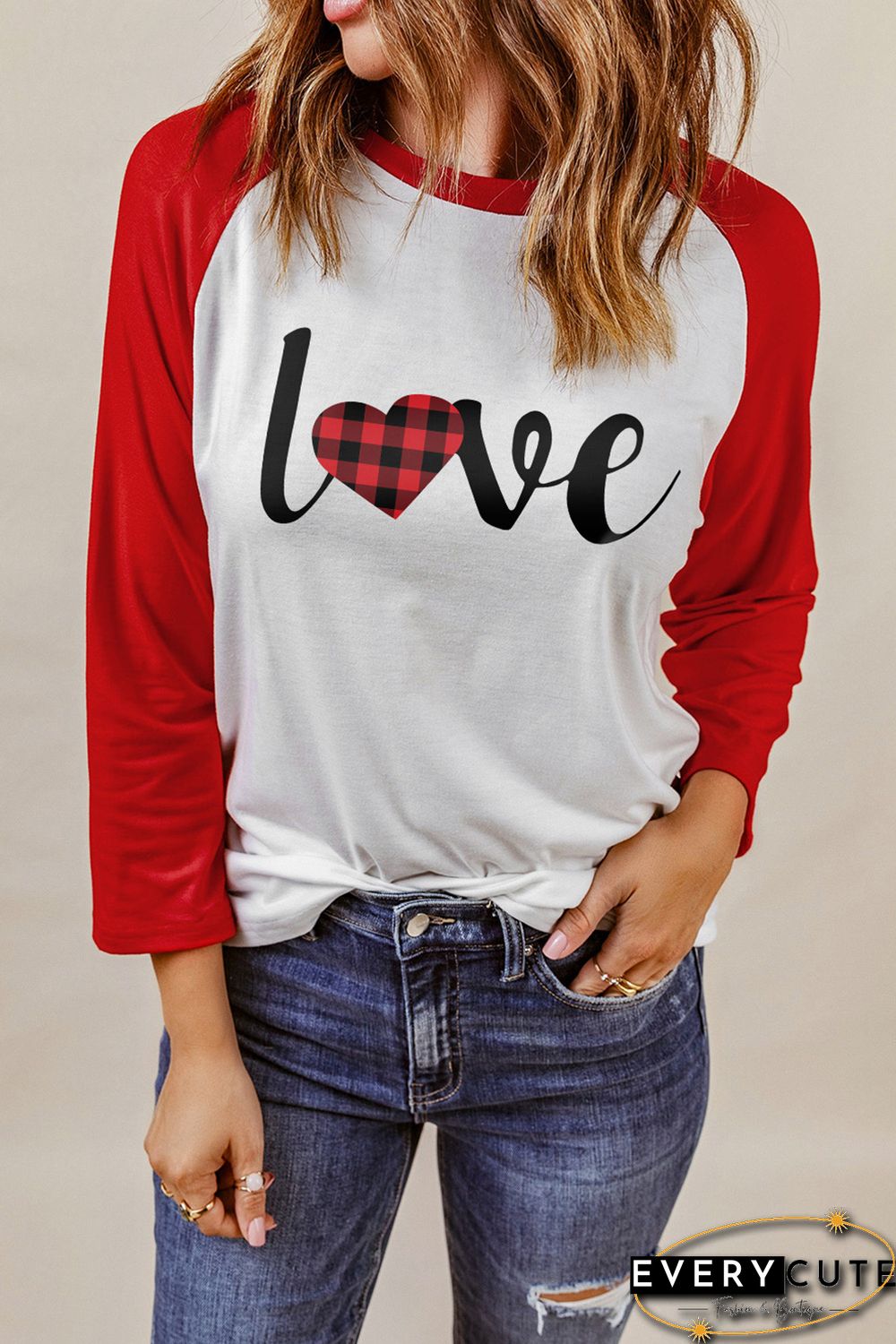 Red Love Plaid Heart Color Block 3/4 Sleeve Top