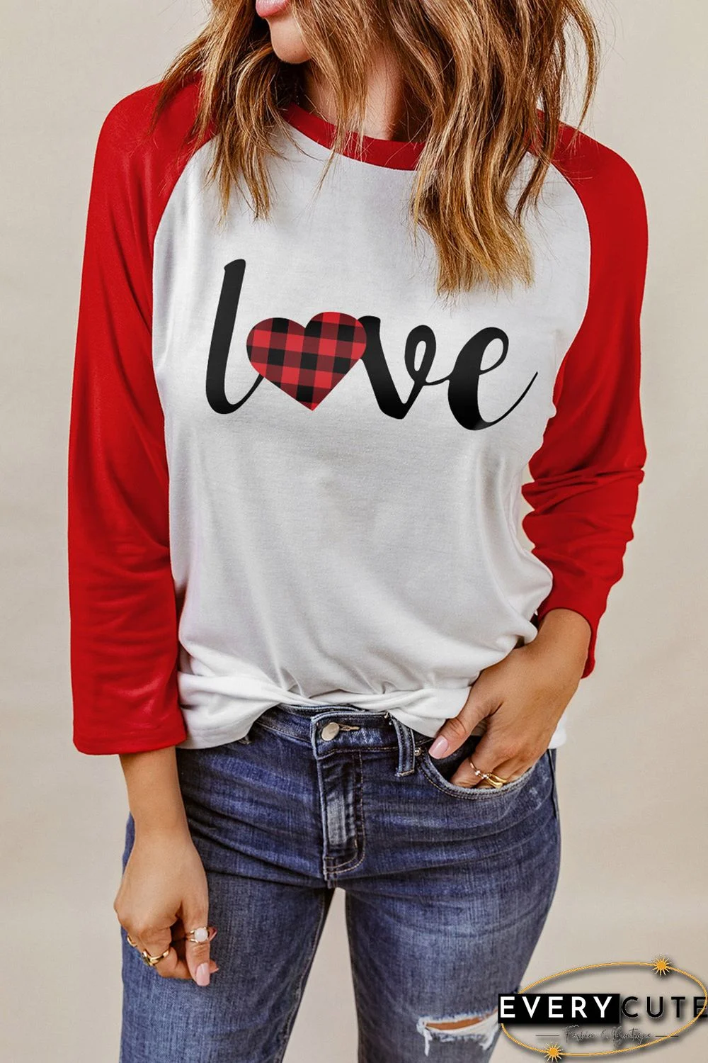 Red Love Plaid Heart Color Block 3/4 Sleeve Top