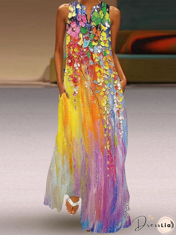 Printed V-Neck Sleeveless Long Skirt With Pocket European Dress