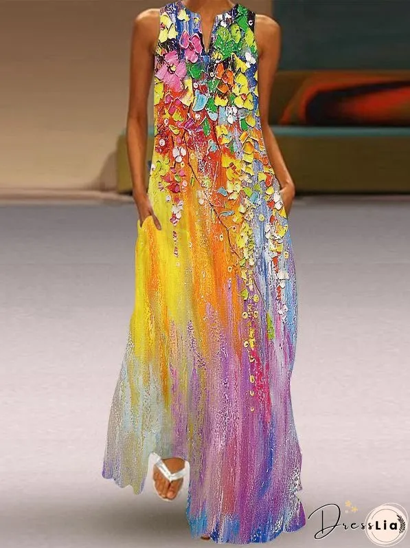 Printed V-Neck Sleeveless Long Skirt With Pocket European Dress