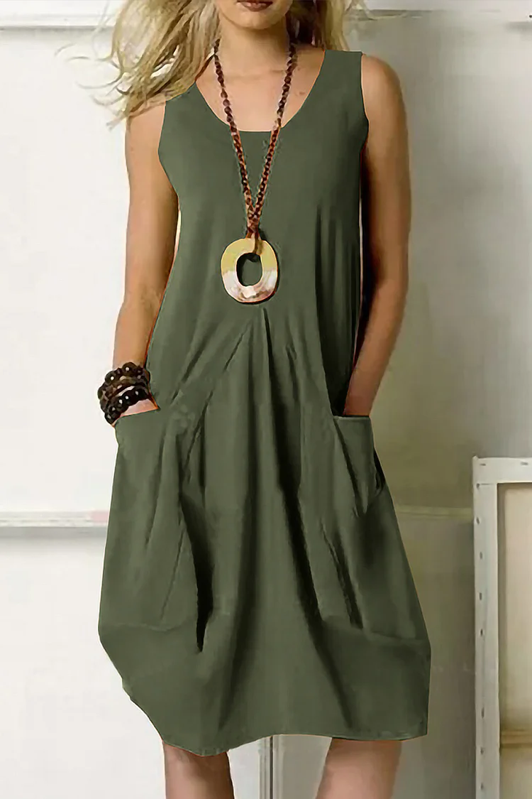 Plus Size Casual  Army Green Cotton And Linen Fold Pocket Solid Color Sleeveless Midi Dress  Flycurvy [product_label]