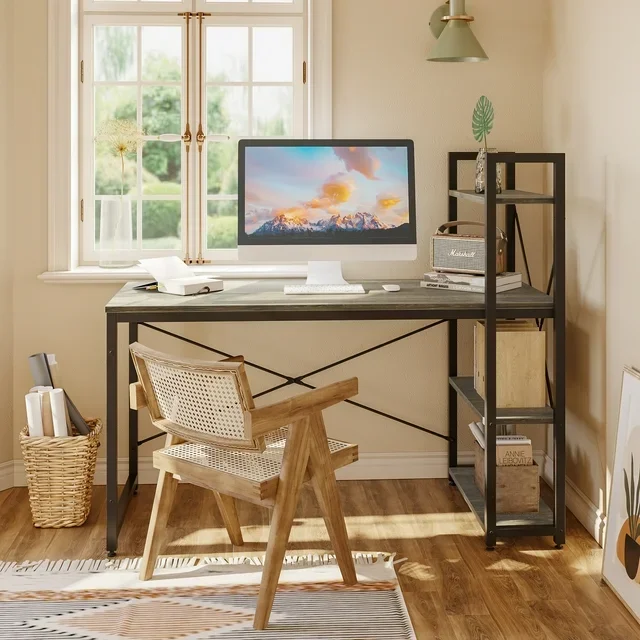 Bestier 55" Computer Desk with Adjustable Shelves, Writing Desk with Reversible Bookshelf, Gray