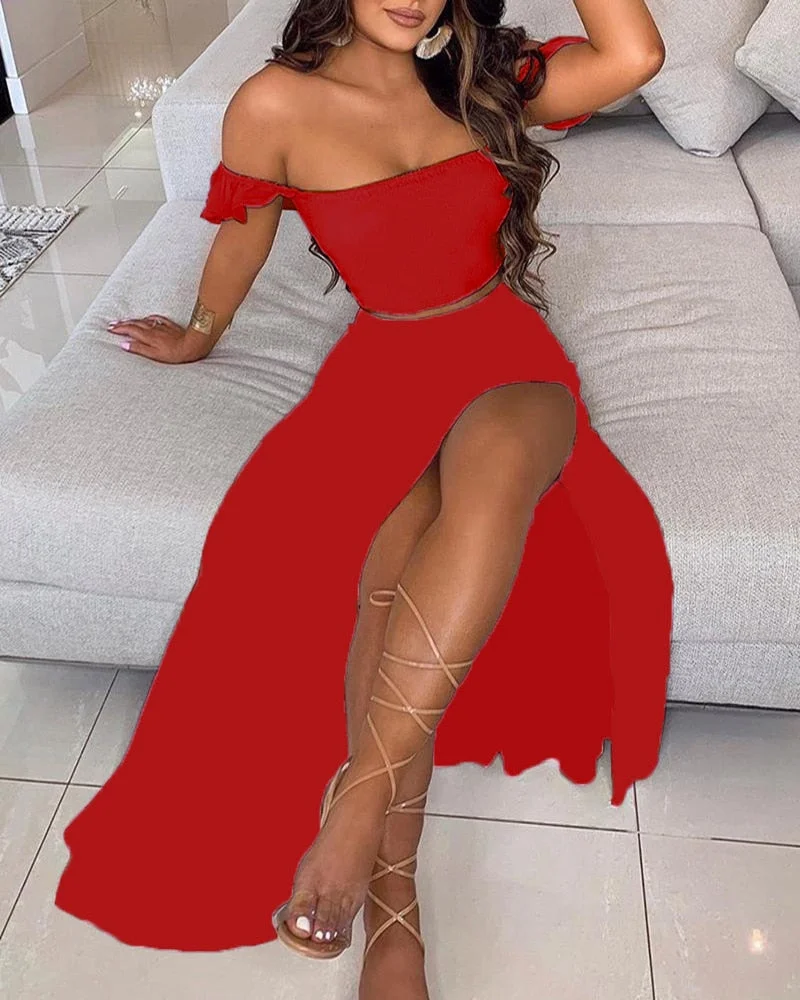 CM.YAYA Women Boho Elegant High Side Split Maxi Long Skirts Suit with Strapless Crop Tops Matching Two 2 Piece Set Outfits 2022
