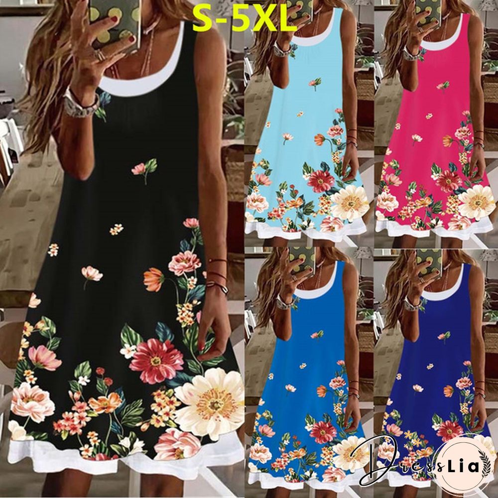 Women's Dress Summer New Fashion Women's Flowers Fake Two Pieces Printed Sleeveless Casual Soft and Comfortable Plus Size Dress S-5XL