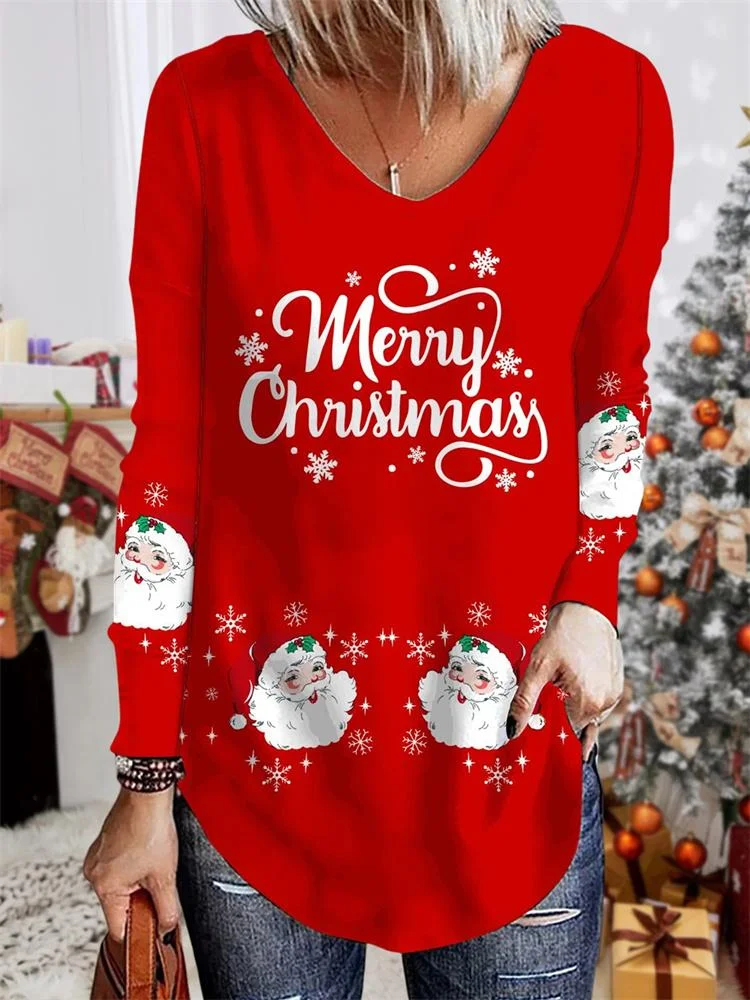 Merry Christmas Letter V Neck Casual Tops