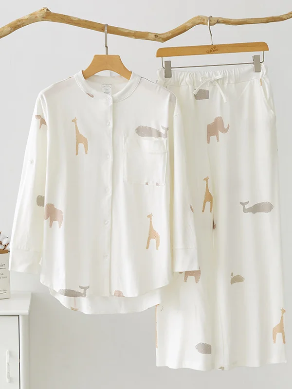 Casual Roomy Animals Stamped Buttoned Round-Neck Blouse&Drawstring Pants Pajamas Set