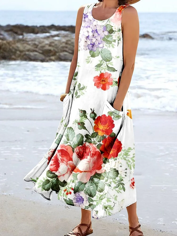 Women's Floral Art Print Pocket Casual Resort Comfort Maxi Dress