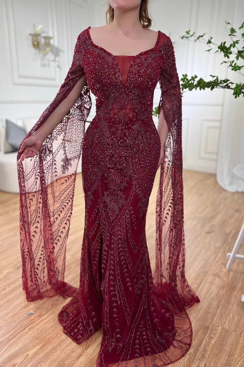 Bellasprom Burgundy V-Neck Ruffle Sleeve Mermaid Prom Dress With Split Beadings Online Bellasprom