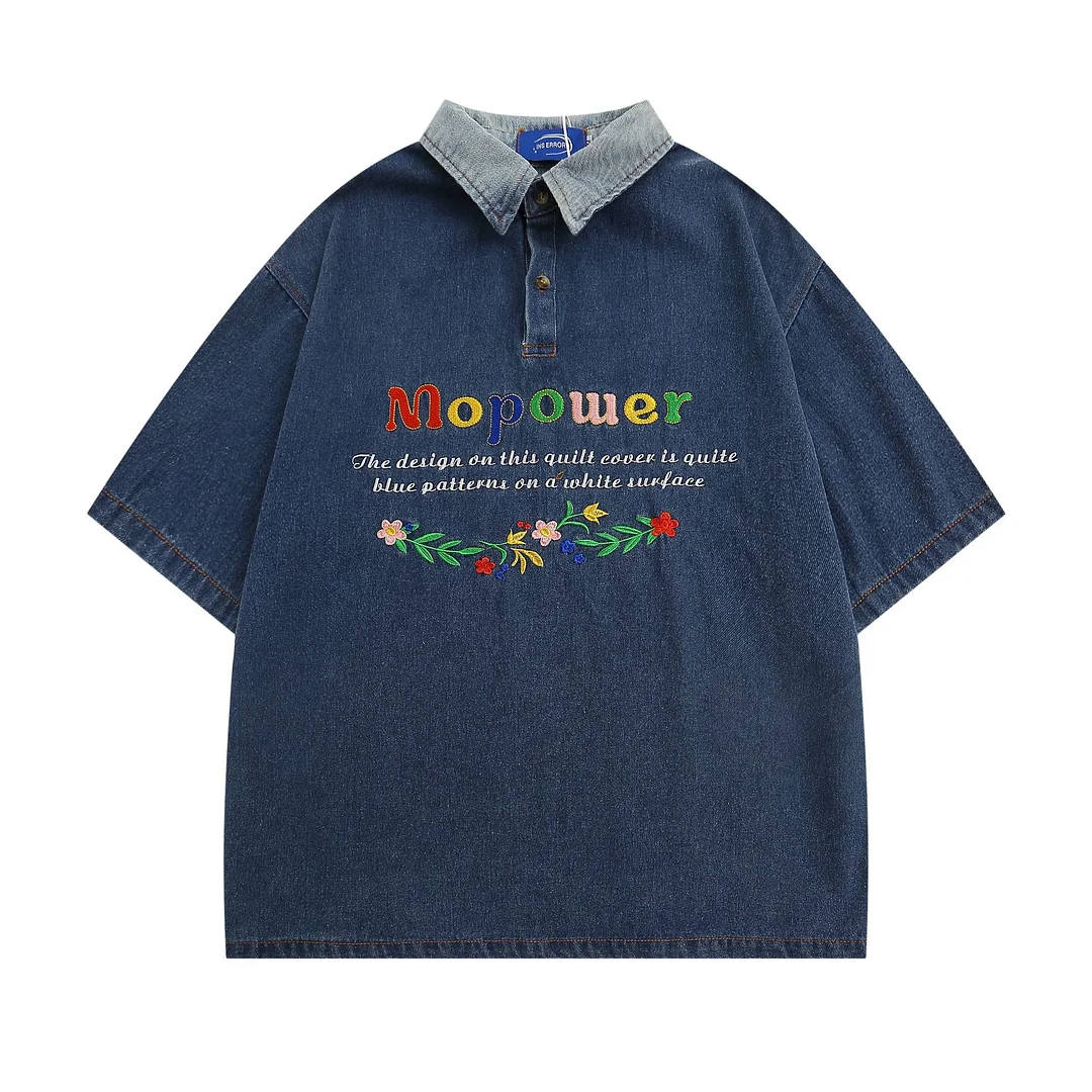 Colorful Letter Embroidered Denim Top