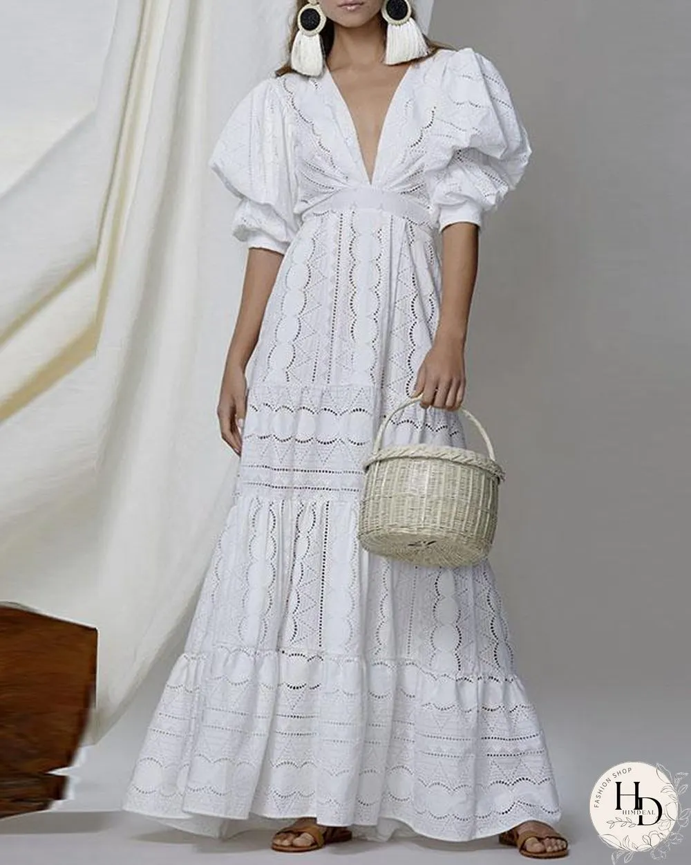 Personalized V Neck Highwaist Hollow Ruffle Puff Sleeve Maxi Dress