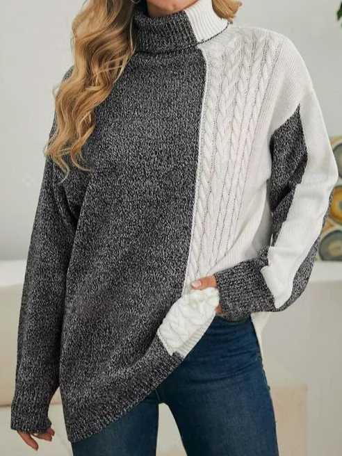 High Neckline Color Block Loose Regular Sweater Shift Sweaters S218- Fabulory