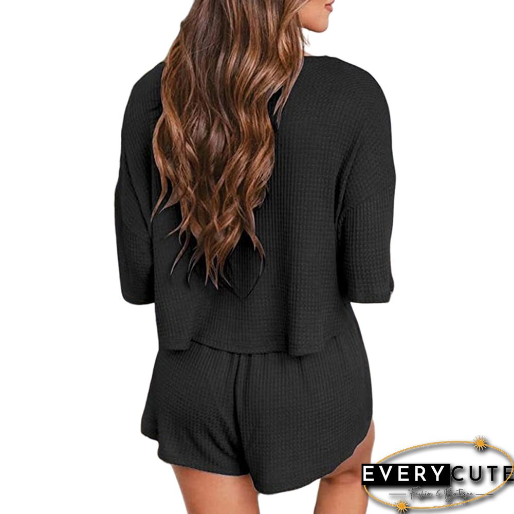Black Waffle V Neck Pocket Top and Shorts Set