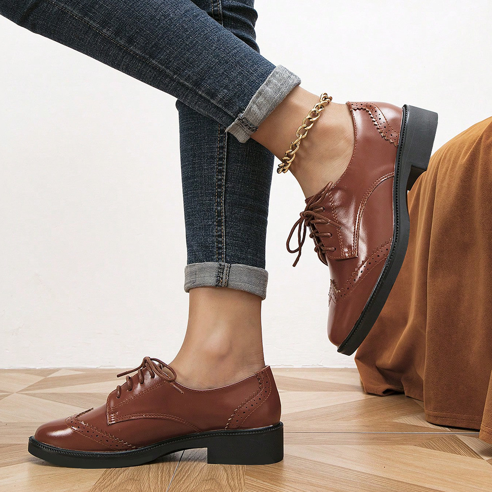 Brown Rounded Toe Low Chunky Heel Lace Up Oxford Shoes Nicepairs