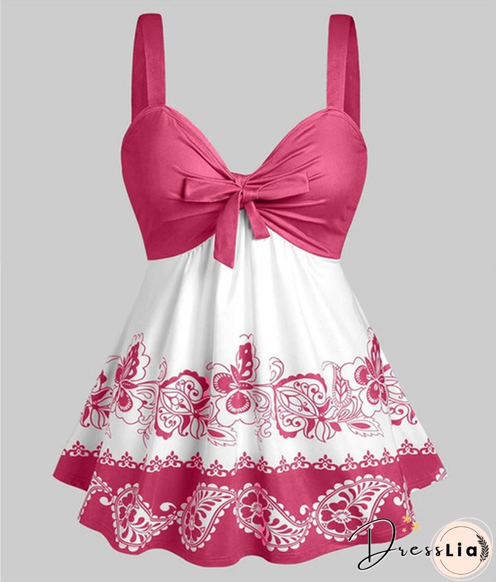 Women Fashion Plus Size Paisley Floral Print Front Tie Tank Top Summer Casual V Neck Sleeveless Tees Loose Empire Waist Curved Hem Camis Vest