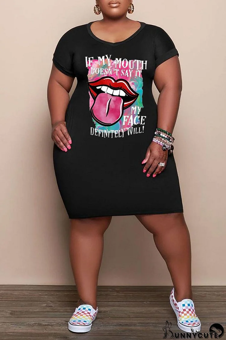Black Casual Print Patchwork V Neck Straight Plus Size Dresses
