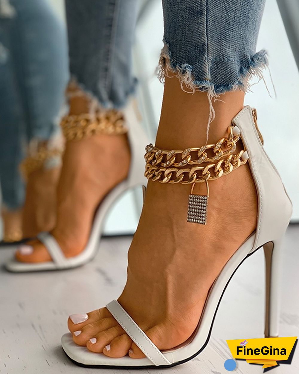 Lock Pattern Studded Chain Strap Stiletto Heels