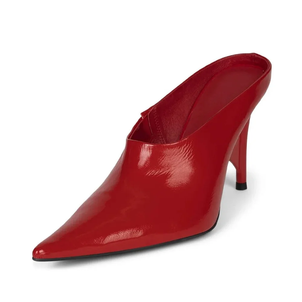 Red Pointed Toe Slip-On Decorative Heel Women's Mules Shoes