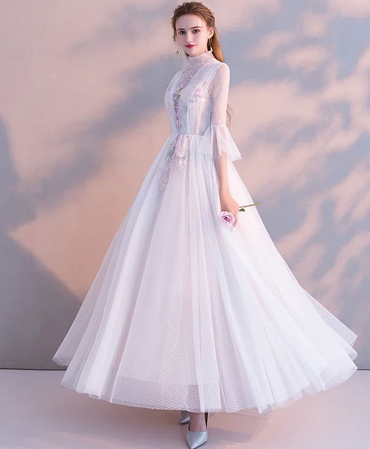 White High Neck Tulle Lace Tea Long Prom Dress Bridesmaid Dress A048