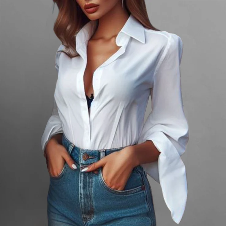 Elegant Shirt Collar Flare Sleeve Button Blouse