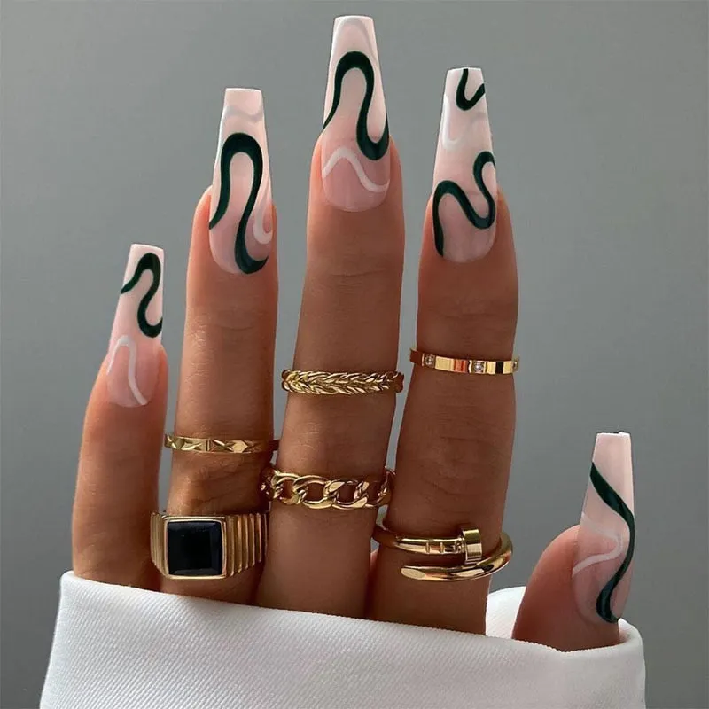 24pcs/set Long Coffin Fake Nails Pre-design Foils Decal Pink Orange Full Cover Nail Art Tips Ballerina Acrylic False Nails 515-1-Nail Inspo