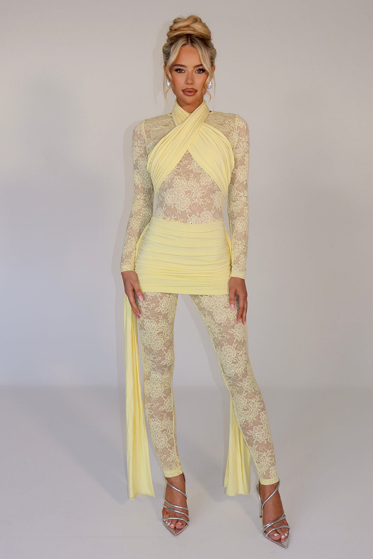 Lace Patchwork Long Sleeve Ruched Side Sash Jumpsuit-Yellow [Pre Order]
