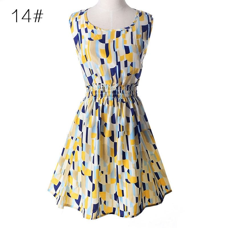 New Sexy Womens Dresses Slim Sleeveless Floral Plrint Women Summer Dress Lady Chiffon Dresses Vestidos Casual