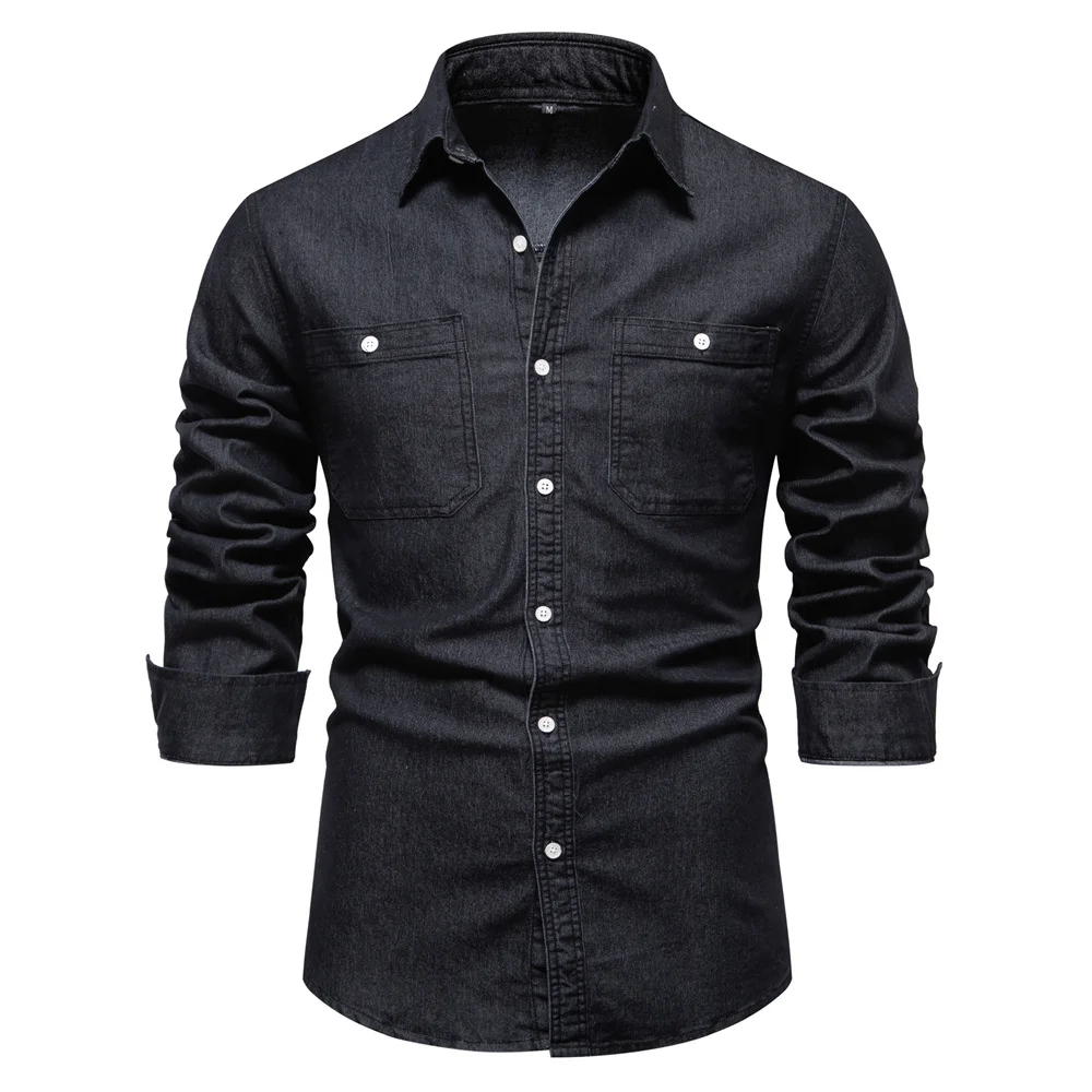 Men's Casual Solid Color Long-sleeved Denim Shirt