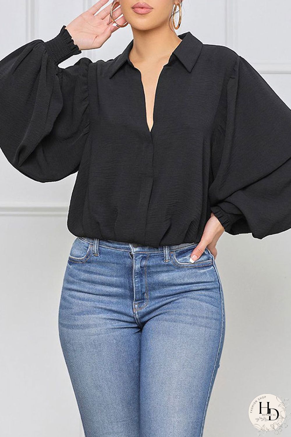 Black Casual Solid Split Joint Buckle Turndown Collar Tops