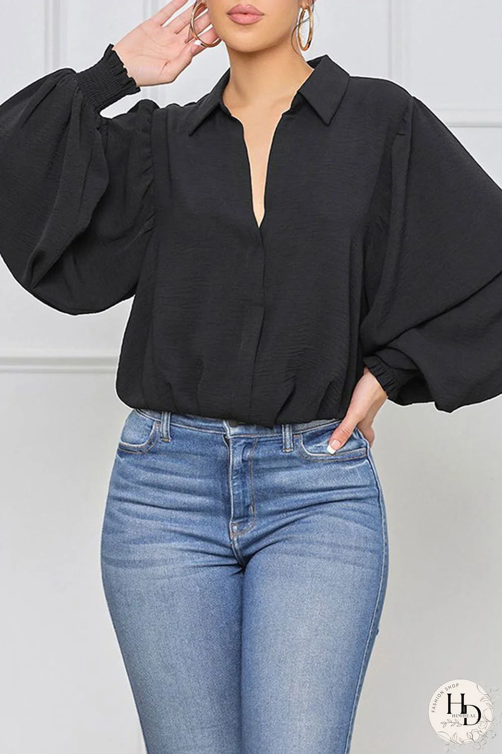 Black Casual Solid Split Joint Buckle Turndown Collar Tops