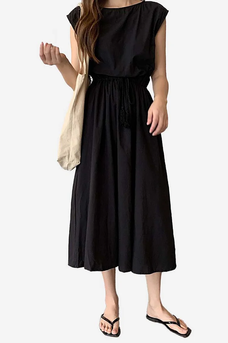Round Neck Short Sleeve Pleated Linen Midi Dress
