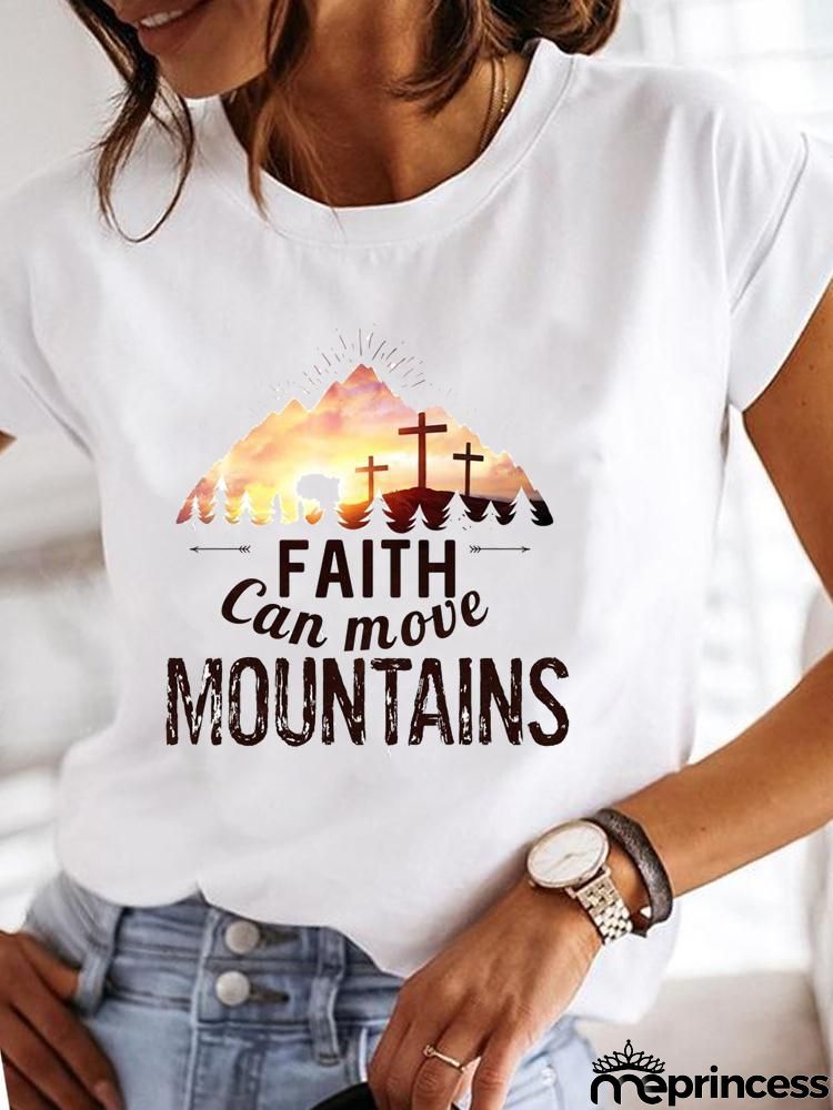 Women Fashion Base Letter Sunflower Cross Print Round Neck Short Sleeve T-Shirt