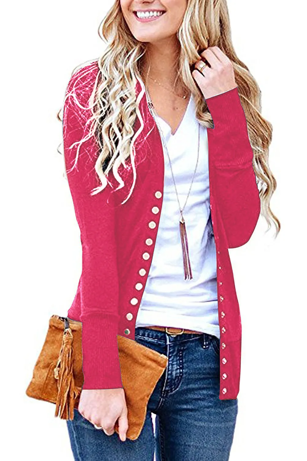 Churchf Churchf Hot Style Spring Wish Short Solid Color V-Neck Long Sleeve Button Cardigan Top