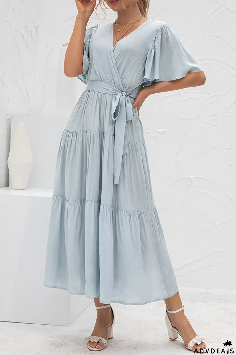 Elegant Solid Split Joint With Belt V Neck Cake Skirt Dresses(4 colors)
