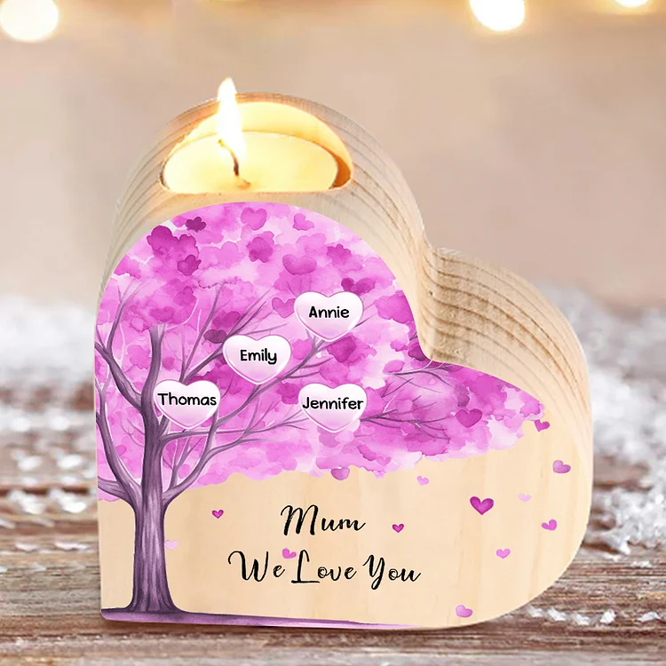 4 Names-Personalized Purple Heart Tree Heart-Shape Candlestick Set With Gift Box Custom Text  Mother's Day Gift Wooden Custom Candle Holder For Family