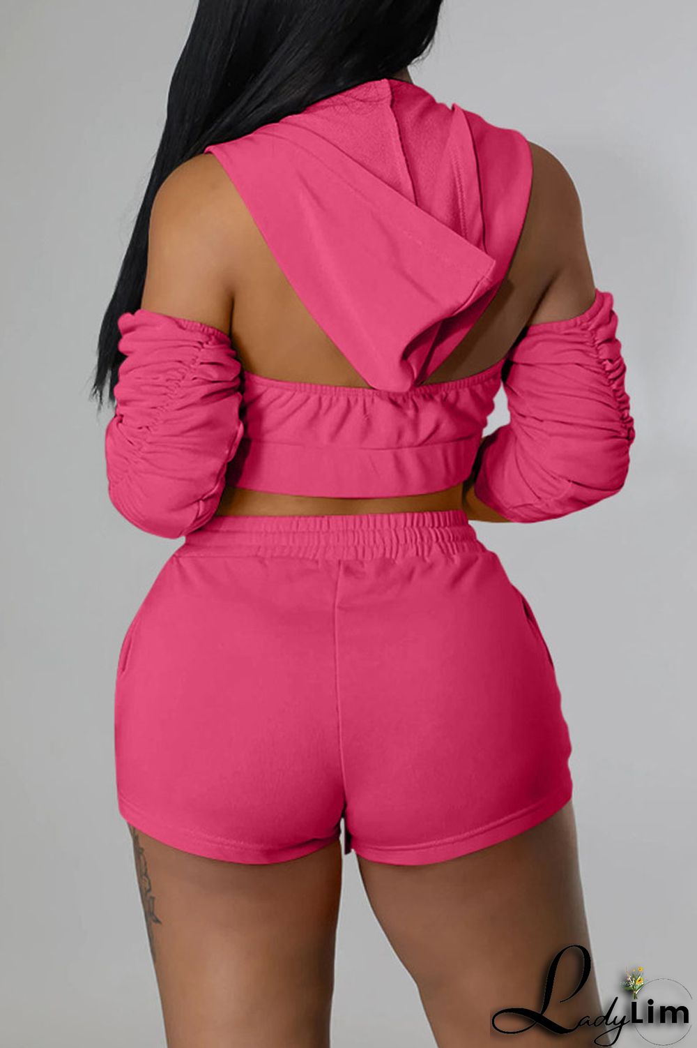 Rose Red Fashion Casual Solid Backless Fold Half A Turtleneck Half Sleeve Two Pieces