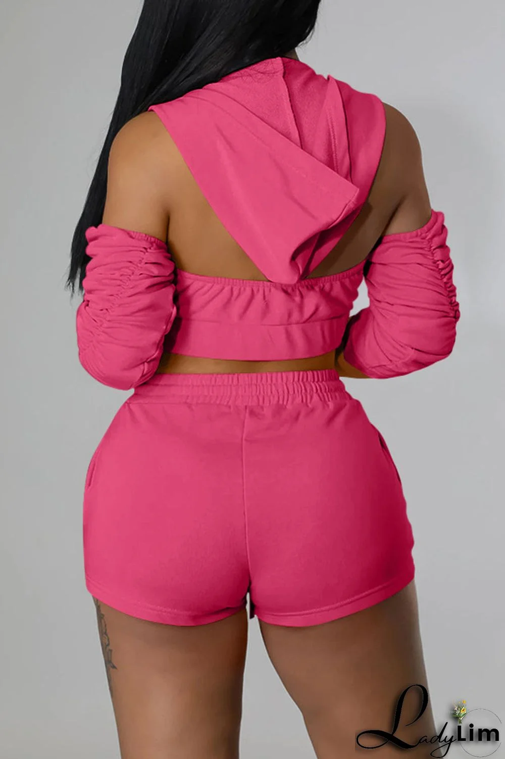 Rose Red Fashion Casual Solid Backless Fold Half A Turtleneck Half Sleeve Two Pieces