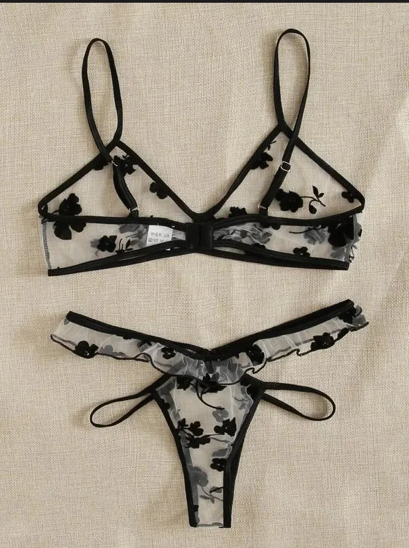 Churchf Sex Lingerie Sexy Women's Net Embroidery Perspective Three-Point Lingerie Set