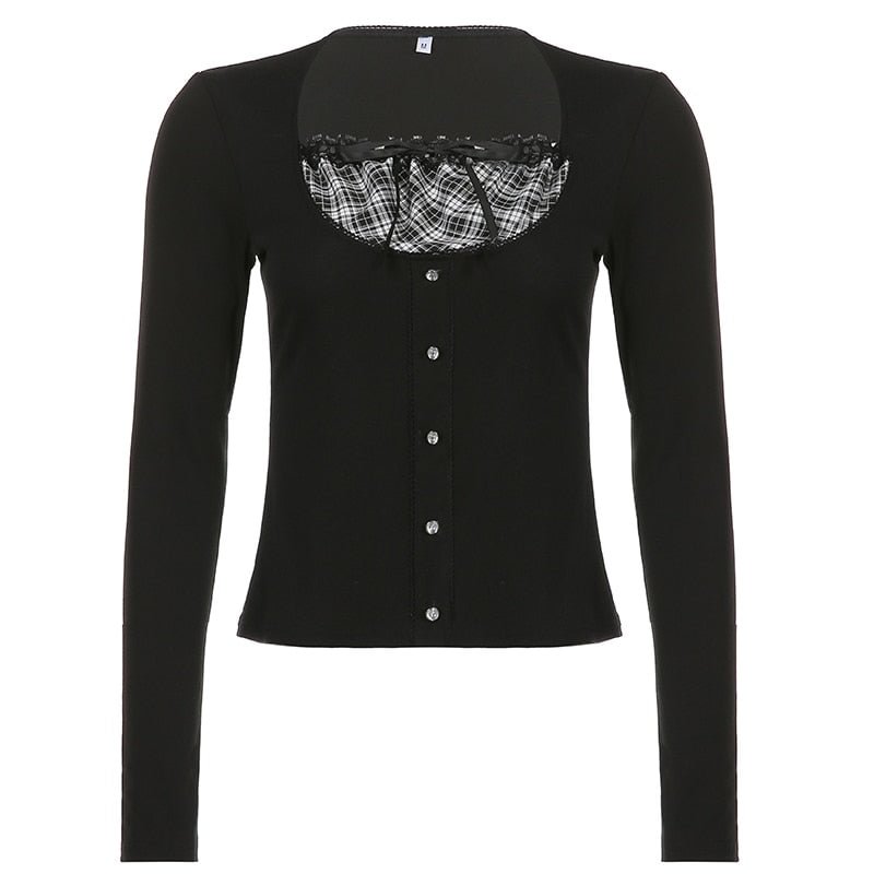 Rapcopter y2k Striped Frill Crop Top Bow Cute Sweet T Shirt Long Sleeve Square Collar Button Tee Vintage Casual Women Pullovers