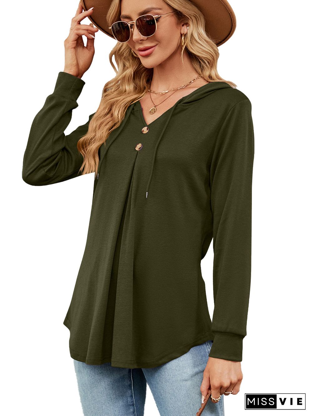 Women's Button V-Neck Long Sleeved Top