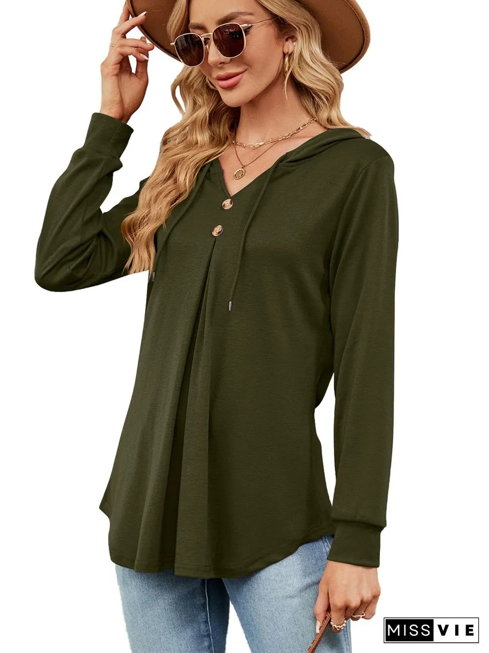 Women's Button V-Neck Long Sleeved Top