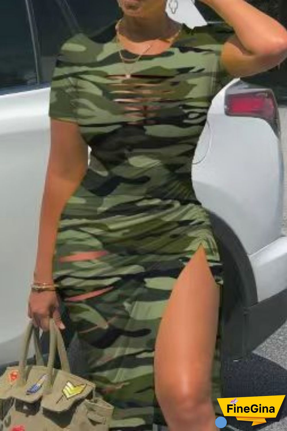 Black Casual Print Solid Ripped Hollowed Out Slit O Neck Short Sleeve Dress