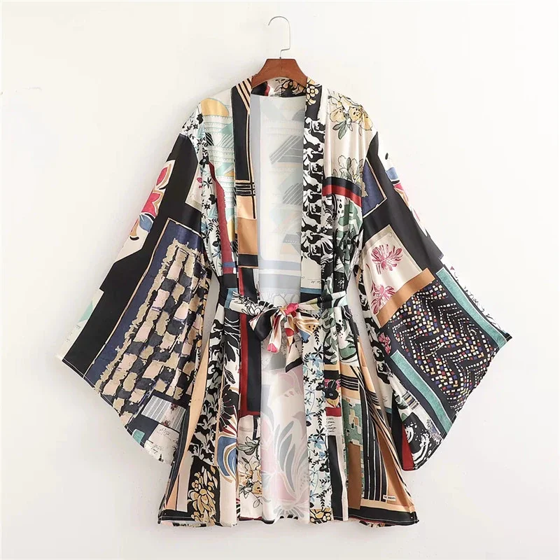 Budgetg PSEEWE Women's Kimono Patchwork Long Woman Kimono Summer 2021 Vintage Belt Japanese Style Beach Long Sleeve Casual Blouses