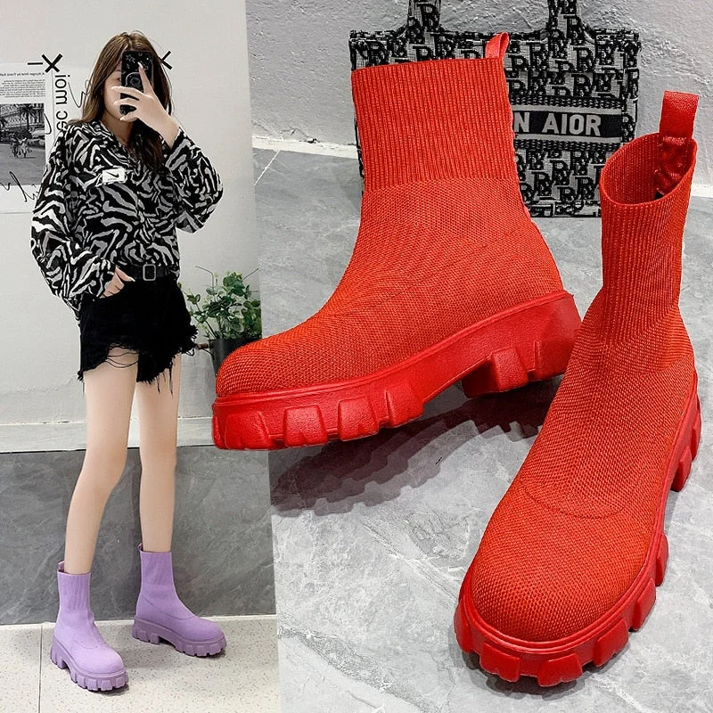2022 Women Thick Soles Casual Large Red Knitted Ankle Boots Spring New Women's Socks Boots Ladies Botas De Mujer Shoes