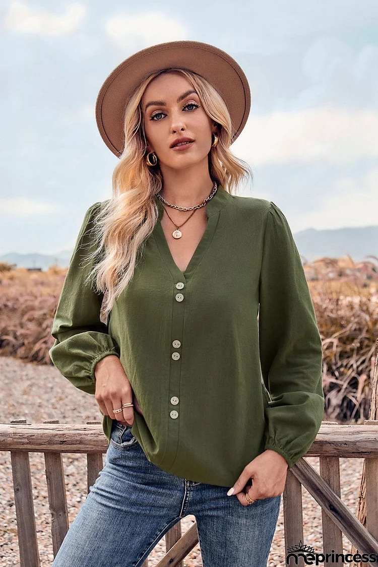 V-Neck Balloon Sleeve Button-Up Blouse