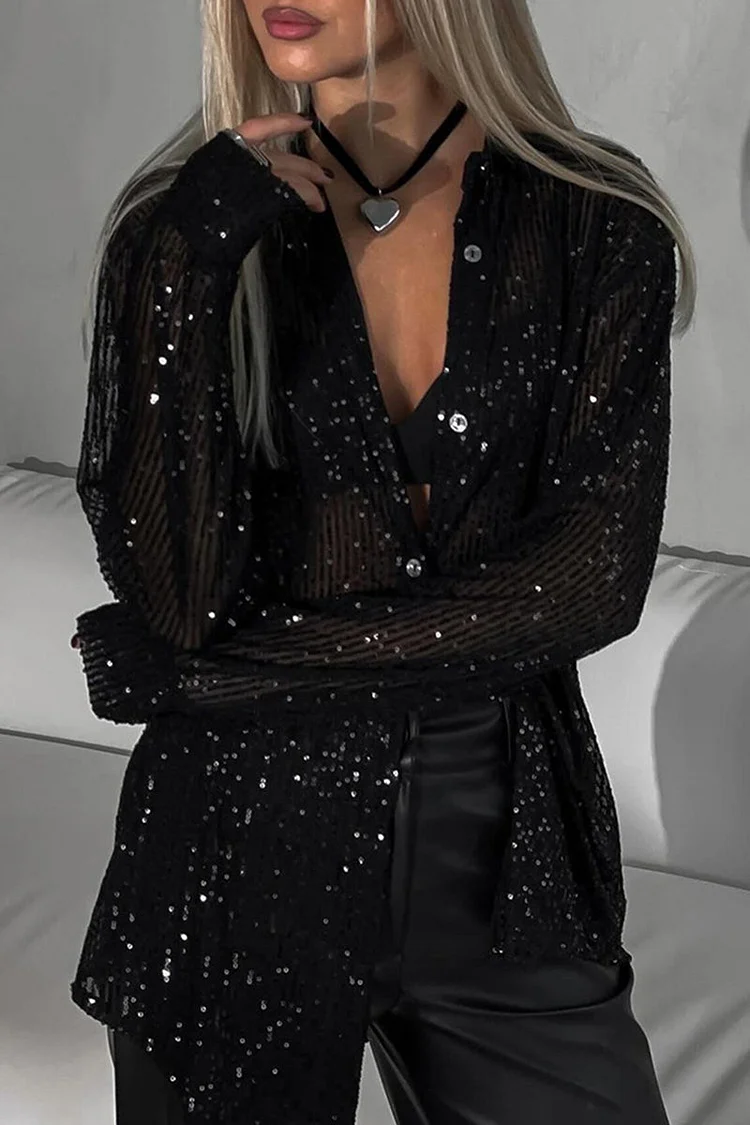 Sexy Solid See-through Sequined Turndown Collar Tops socialshop