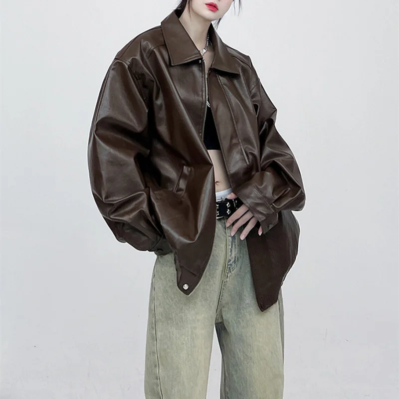 Zingj Zingj New PU Leather Solid Color Hip Hop Coat Jacket Retro Motorcycle Leather Casual Versatile Jacket For Men And Women