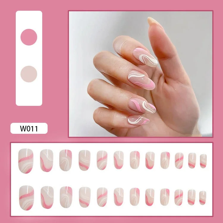 24Pcs/Set French Contracted Artistic Line Drip Shaped Short Wearable False Nails With Glue Manicure Art Tools Fake Nails-Nail Inspo