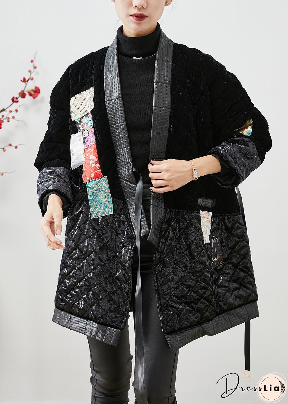 Modern Black Lace Up Patchwork Silk Velour Cotton Filled Coat Winter