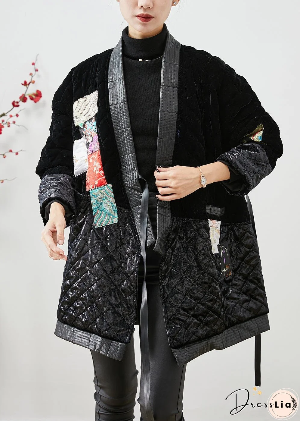 Modern Black Lace Up Patchwork Silk Velour Cotton Filled Coat Winter